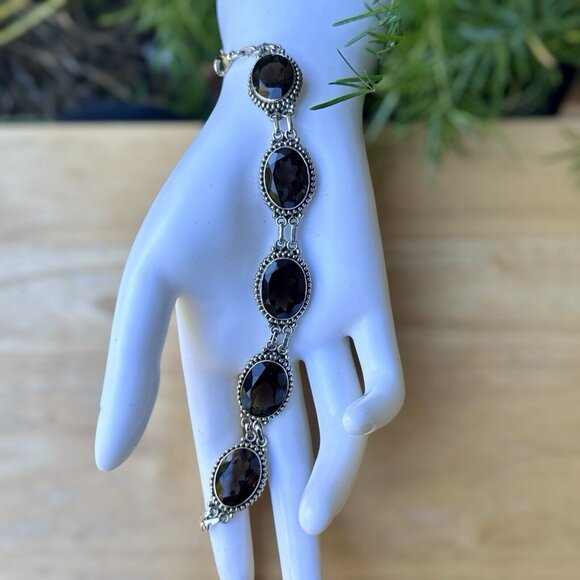 VTG Link Bracelet 6.75 Smoky Quartz Oval Shape Gems 925 Sterling Silver 32.9g - Picture 2 of 10